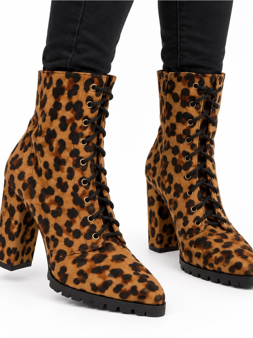 Leopard Print Lace-Up Lug Sole Block Heel Ankle Boots Women’s 10